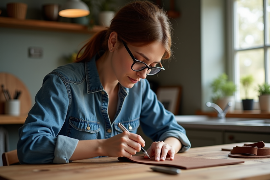Femme en denim marquant un cuir pour un trou