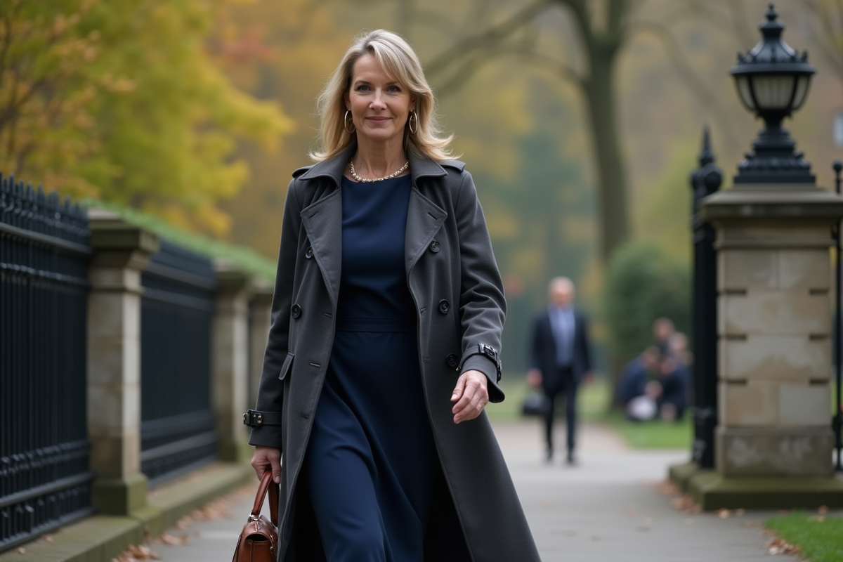 Femme en robe navy dans un parc urbain avec clôture en fer forgé