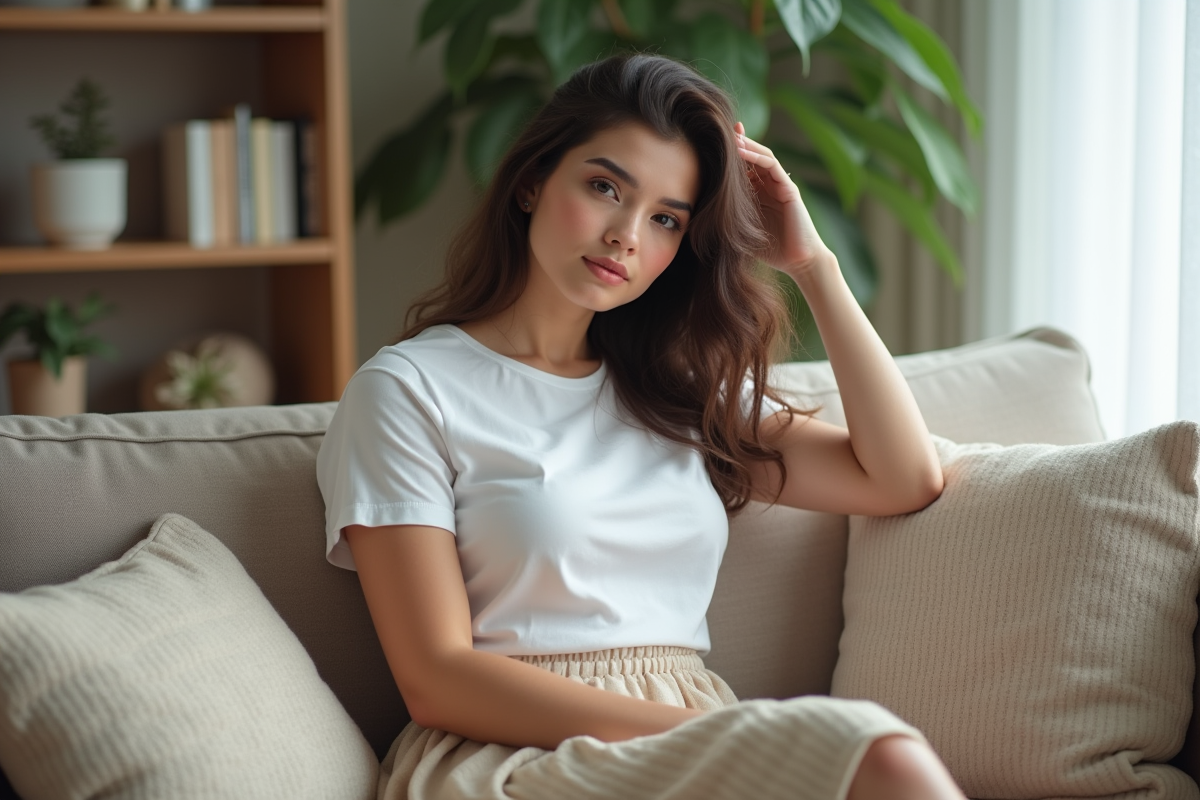 Jeune femme assise sur un canapé dans un intérieur cosy