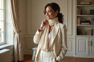 Femme élégante en blazer ivoire dans un appartement parisien