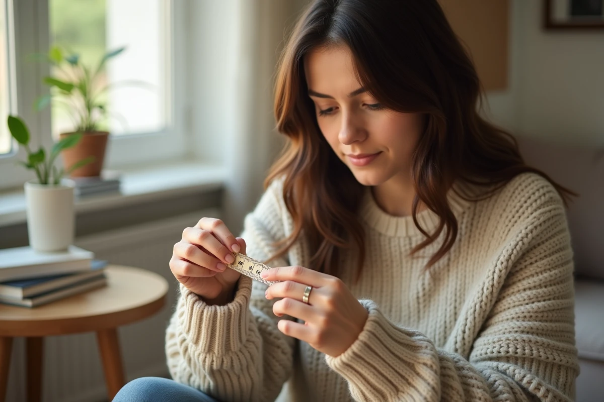 Femme enveloppant son doigt avec un ruban de papier