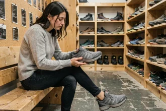 Femme essayant des chaussures Salomon dans un magasin de randonnée pour trouver la bonne taille