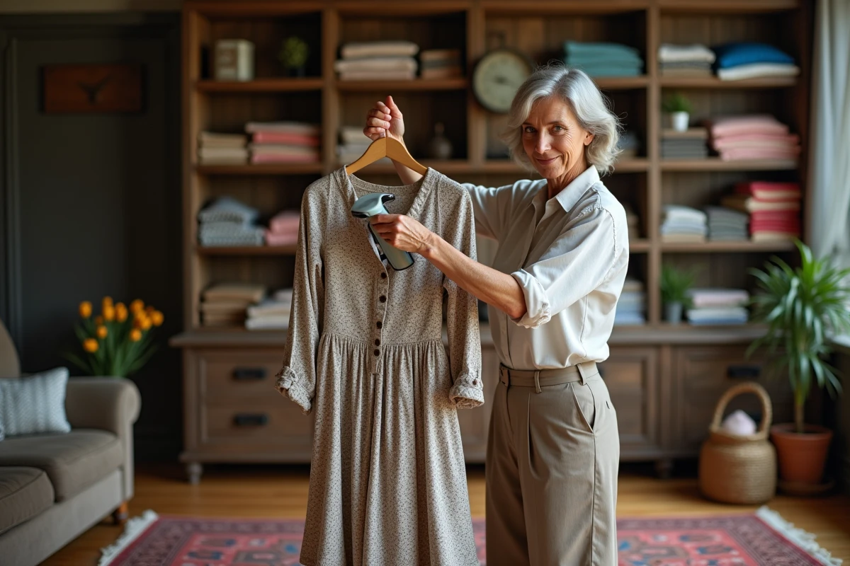 Femme repassant une robe vintage dans un salon chaleureux
