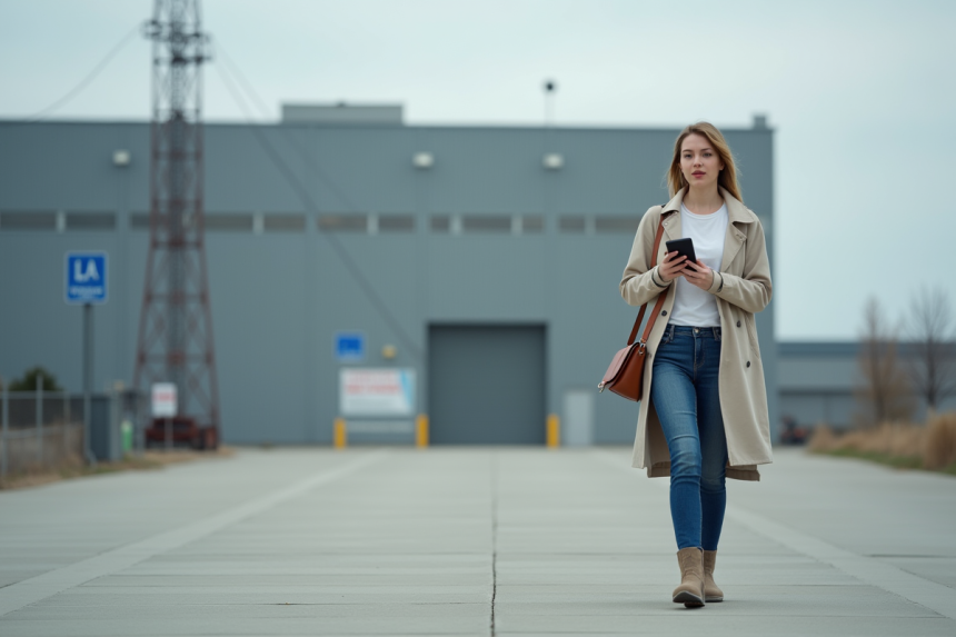 Jeune femme marchant vers une usine moderne avec smartphone