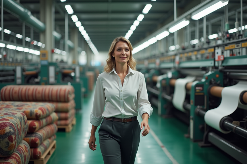 Femme dans une usine textile observant des machines automatisées
