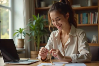 Jeune femme examinant une chaîne en or de 18 carats