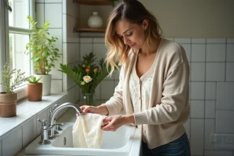 Femme lavant délicatement une blouse vintage dans un lavabo blanc