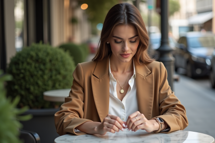 Femme élégante en blouse blanche et manteau camel portant un collier doré