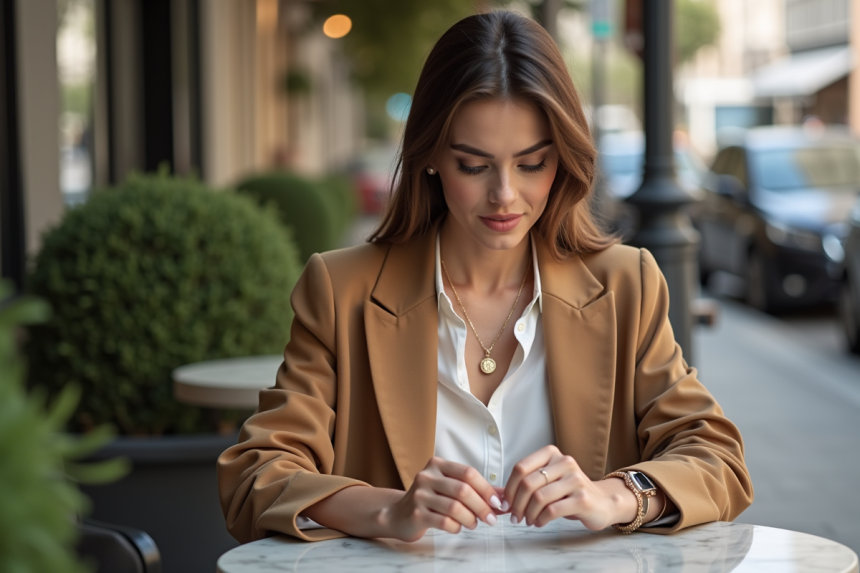 Femme élégante en blouse blanche et manteau camel portant un collier doré