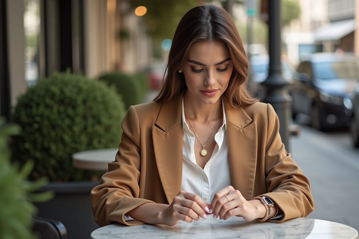 Femme élégante en blouse blanche et manteau camel portant un collier doré