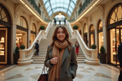 Femme &eacute;l&eacute;gante dans un grand magasin fran&ccedil;ais int&eacute;rieur