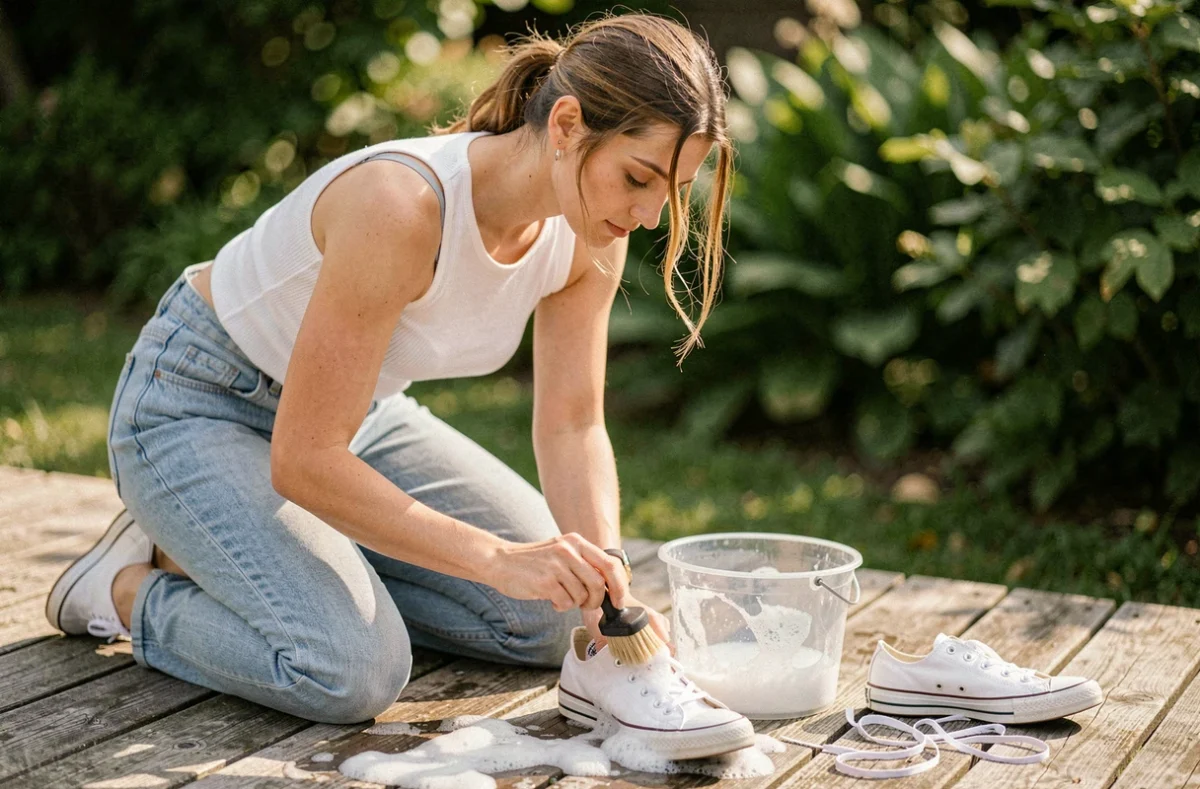 Jeune femme nettoyant une Converse blanche à la brosse sur une terrasse en bois avec un seau d'eau savonneuse