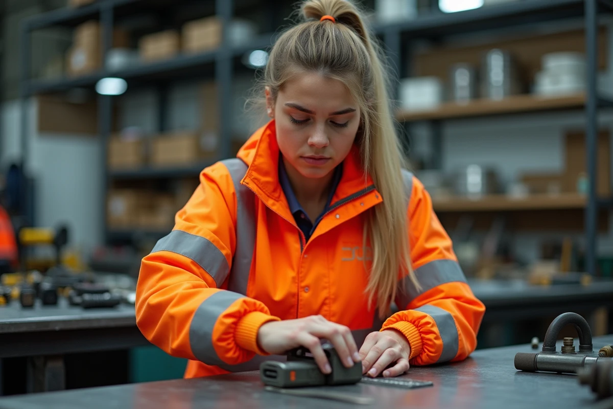 Femme artisan dans atelier avec outils et étagères