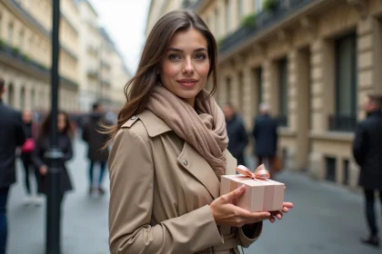 Jeune femme parisienne avec cadeau &eacute;l&eacute;gant