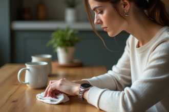 Femme en train de polir son montre dans la cuisine chaleureuse