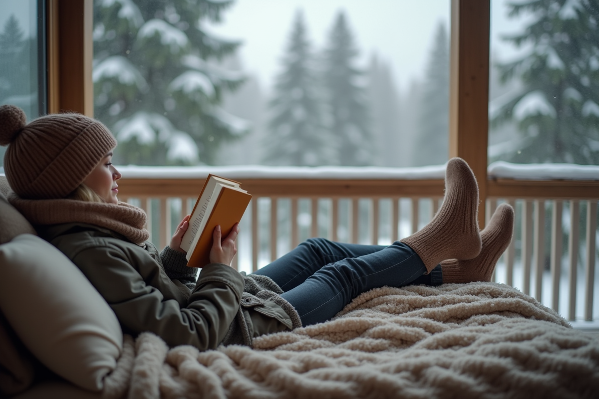 Jeune femme lisant sur balcon enneige avec chaussettes épaisses