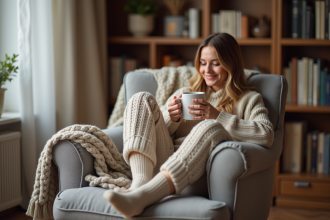 Femme souriante assise en fauteuil avec chaussettes piloupilou