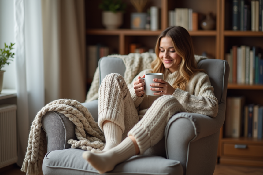 Femme souriante assise en fauteuil avec chaussettes piloupilou