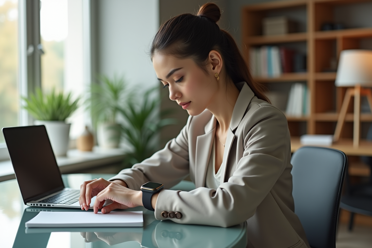 Jeune femme regardant sa smartwatch dans un bureau moderne
