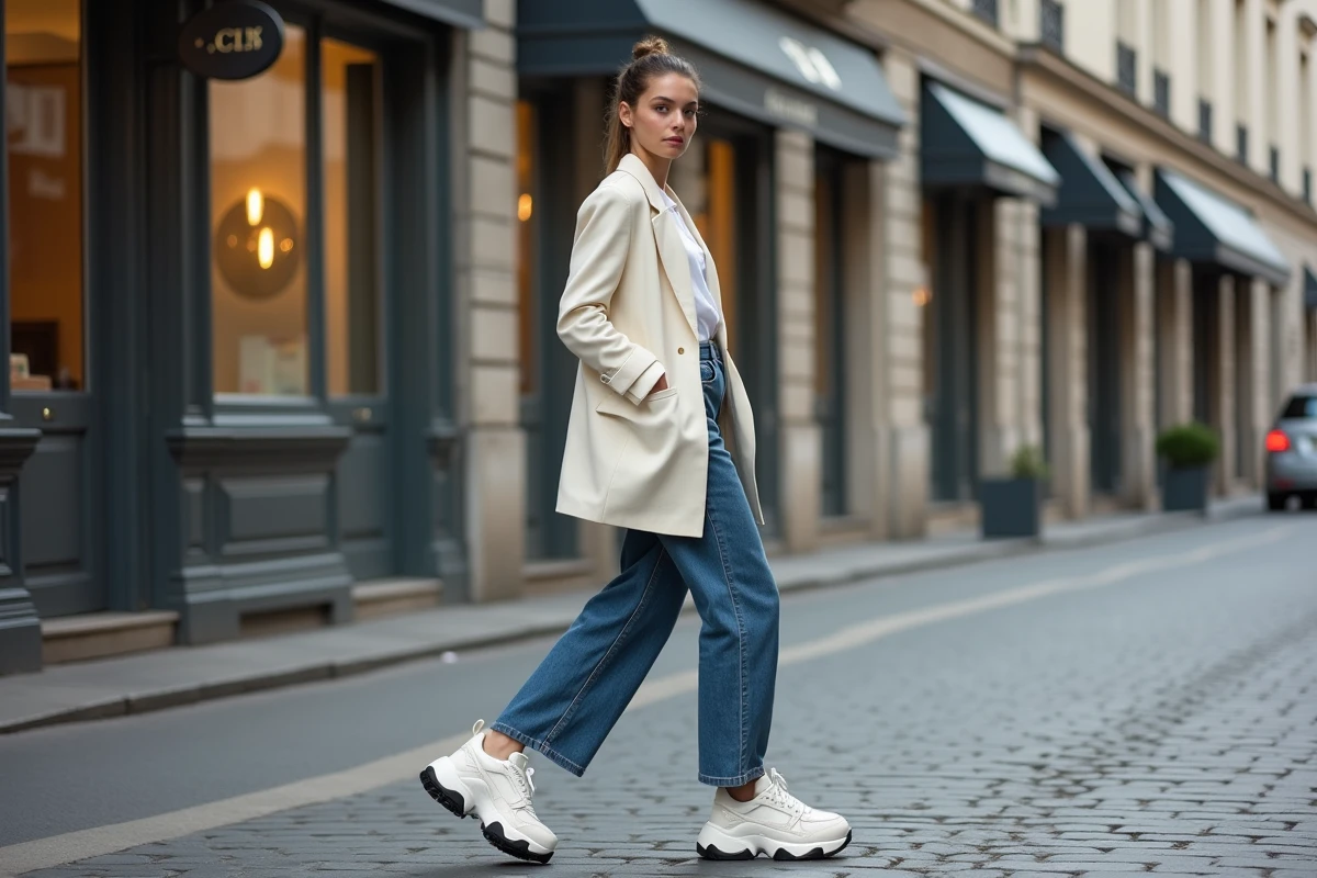 Femme portant des sneakers de luxe disgracieuses Balenciaga dans une rue pavée parisienne avec une tenue élégante contrastante