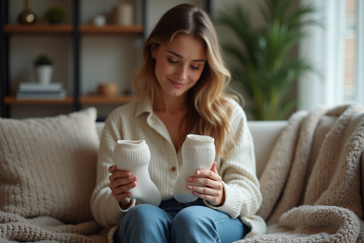 Jeune femme examine des chaussettes dans un salon cosy
