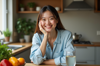 Femme souriante en blouse bleue dans une cuisine chaleureuse