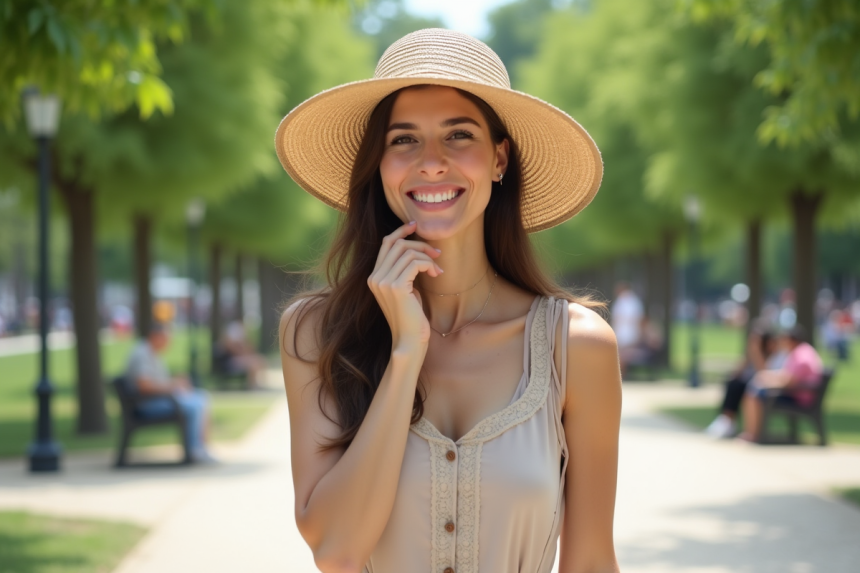 Femme souriante en été dans un parc urbain