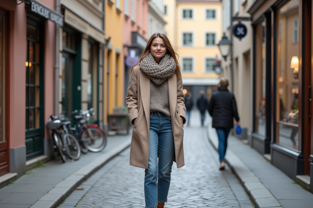 Jeune femme dans une rue de Stockholm regardant les vitrines