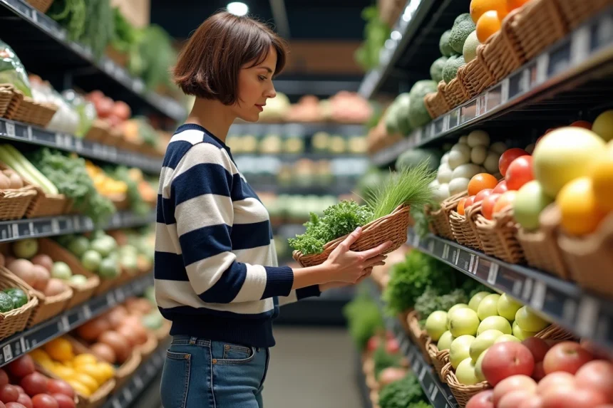 Femme comparant deux produits dans le rayon fruits et légumes