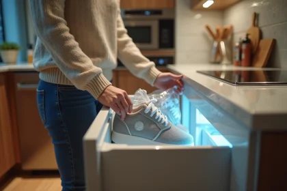 Jeune femme pla&ccedil;ant des baskets dans le cong&eacute;lateur