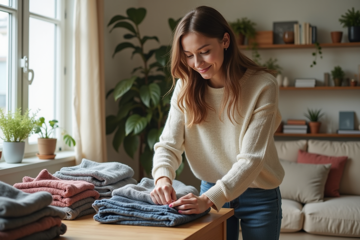 Jeune femme triant des vêtements dans un salon cosy