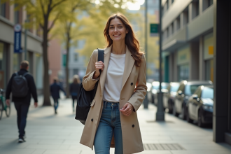 Femme urbaine ajustant son sac à dos moderne en ville