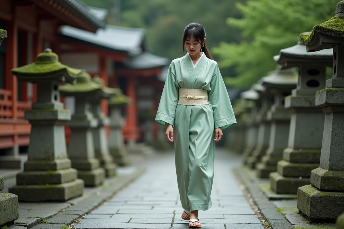 Jeune femme en yukata portant des geta laquées sur un chemin de pierre d'un sanctuaire shinto entouré de lanternes en pierre et de cèdres