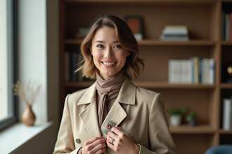 Femme élégante portant un trench beige et broche mode