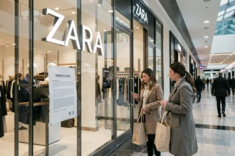 Devanture d'un magasin Zara dans un centre commercial avec des clients lisant un avis de fermeture potentielle
