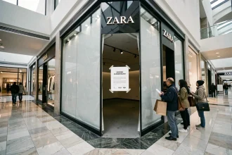 Devanture d'un magasin Zara fermé dans un centre commercial, vitrine obstruée et avis de fermeture affiché sur la porte