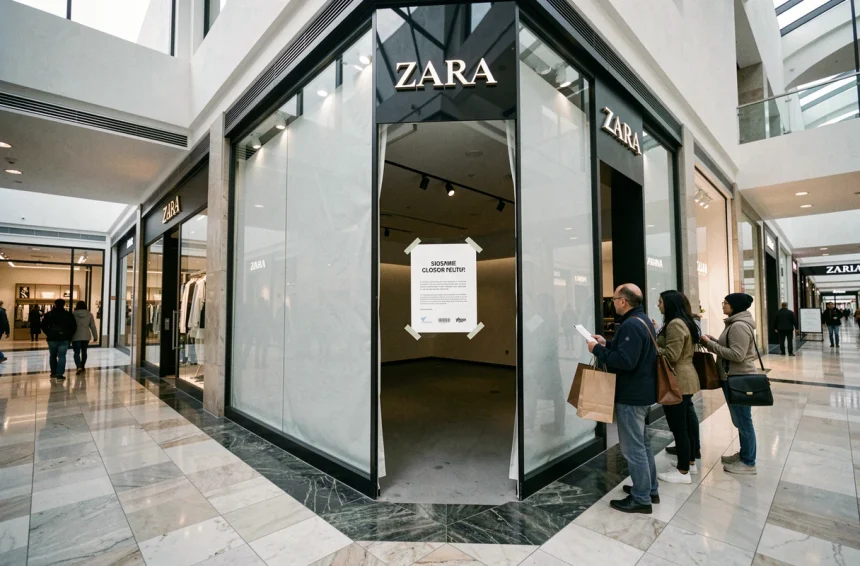 Devanture d'un magasin Zara fermé dans un centre commercial, vitrine obstruée et avis de fermeture affiché sur la porte