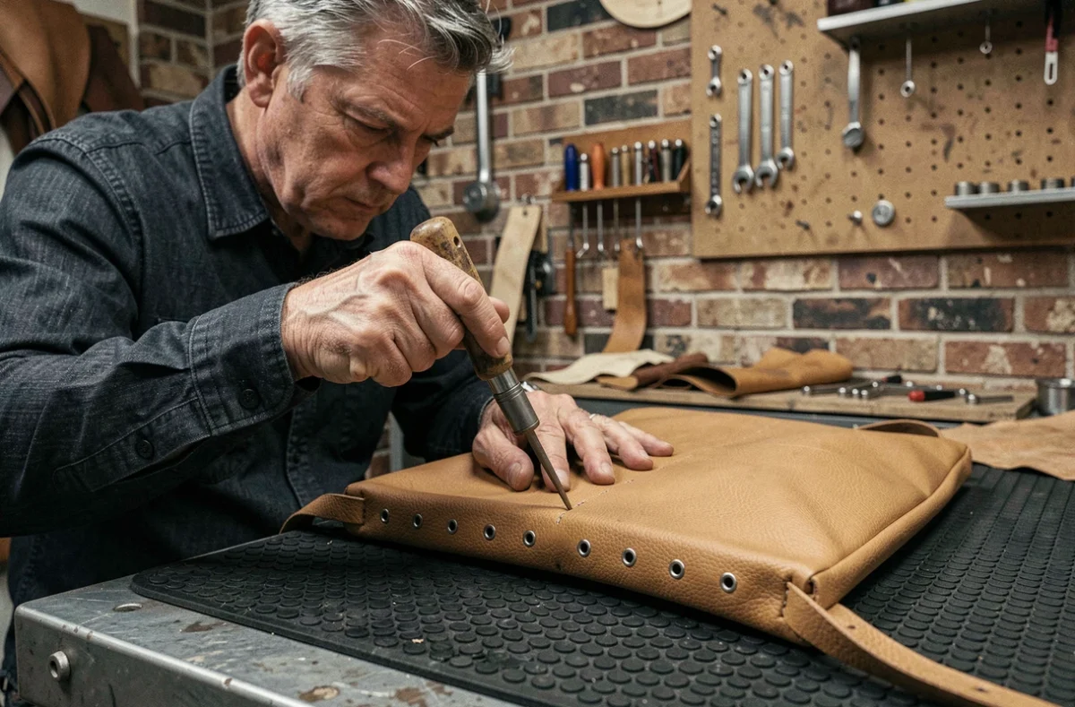 Artisan utilisant un alène pour fixer une sangle sur un sac banane en cuir dans un atelier urbain