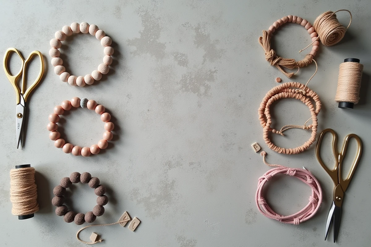 Flat lay de kits de bracelets tendance DIY avec perles, cordons macramé et accessoires de création