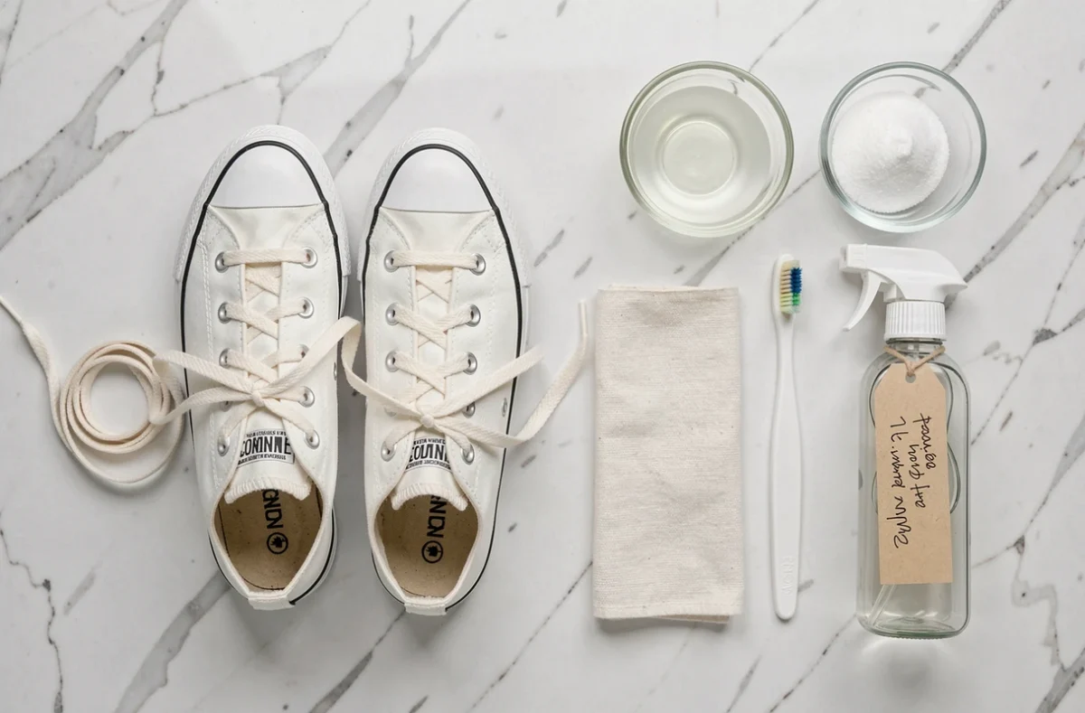 Flat lay de Converse blanches démontées avec lacets, bicarbonate, vinaigre blanc et brosse pour guide de nettoyage