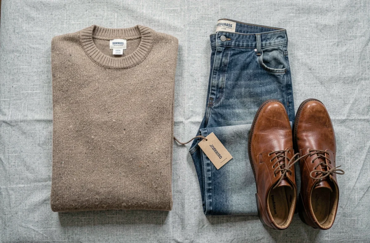 Flatlay de vêtements d'occasion soigneusement disposés, illustrant les bonnes affaires disponibles sur la plateforme Sellpy