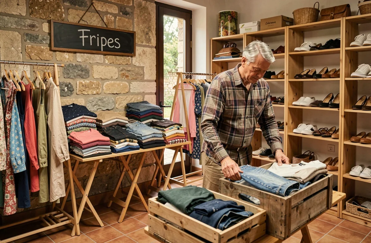 Boutique Friperie Paul et Jean à Nemours avec un client fouillant dans des caisses de vêtements de seconde main
