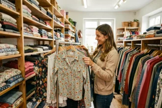 Femme qui fait du shopping dans une friperie en Vendée, parcourant des vêtements colorés de seconde main
