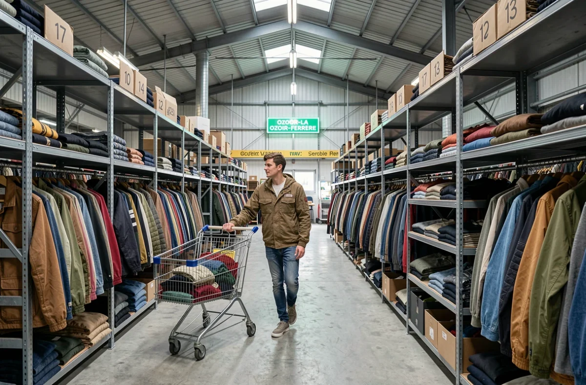 Friptadium à Ozoir-la-Ferrière avec un client parcourant les rayons de vêtements de seconde main dans un espace de type entrepôt