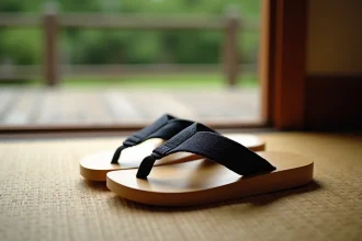 Paire de geta japonaises en bois de cyprès hinoki posées sur un tatami traditionnel avec une véranda en bois flou en arrière-plan
