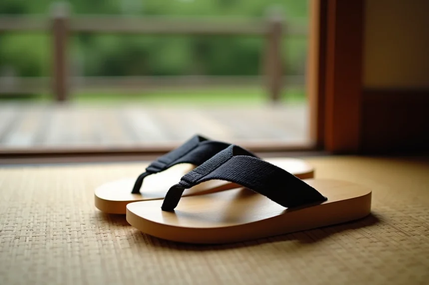 Paire de geta japonaises en bois de cyprès hinoki posées sur un tatami traditionnel avec une véranda en bois flou en arrière-plan