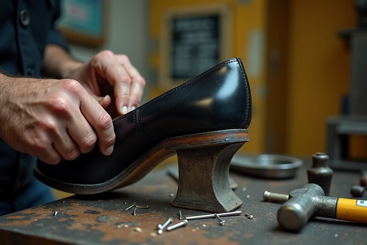 Gros plan sur les mains d'un cordonnier posant un talon en caoutchouc sur une chaussure en cuir