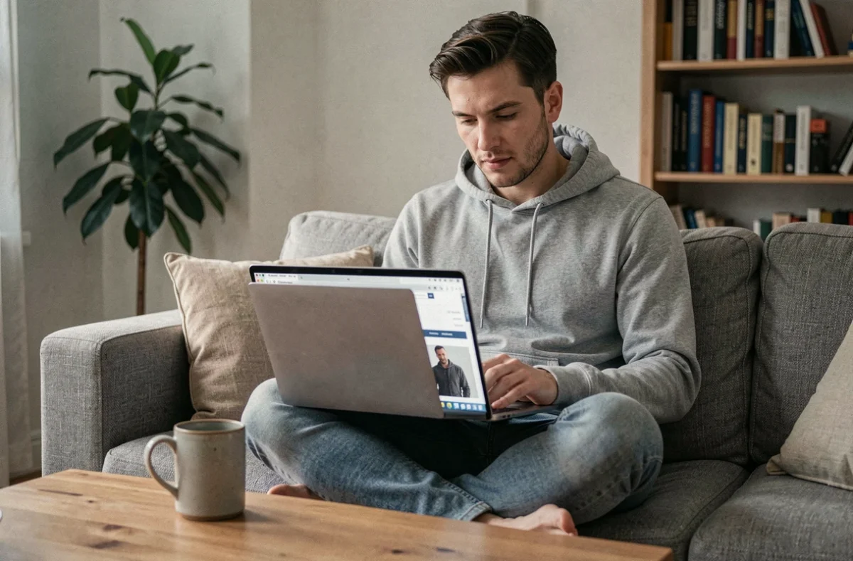 Homme naviguant sur une plateforme de revente de vêtements d'occasion comme Sellpy depuis son canapé avec un ordinateur portable