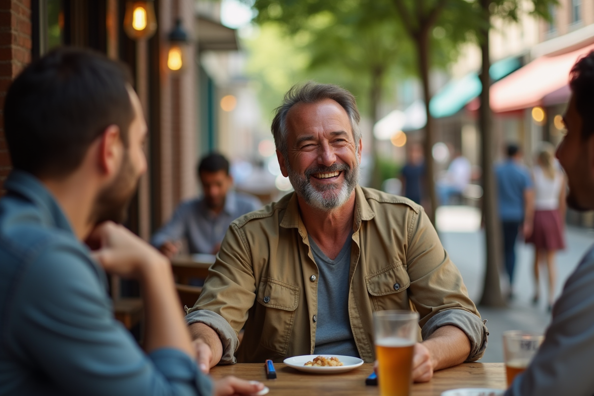 Homme barbu riant avec des amis en terrasse de café