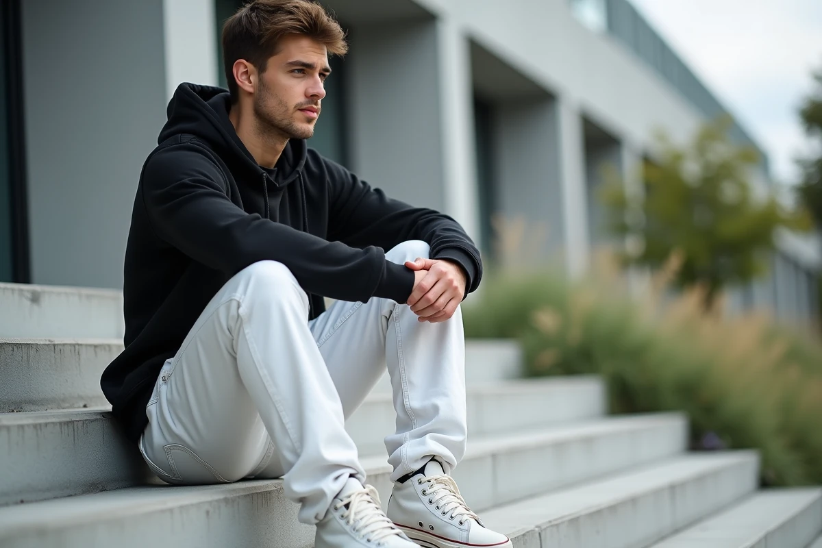 Homme en jeans baggy assis sur des escaliers en extérieur